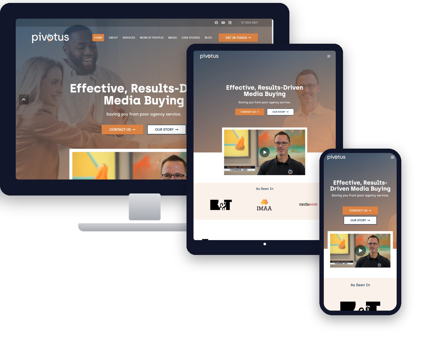 Pivotus website shown on desktop, tablet, and mobile
