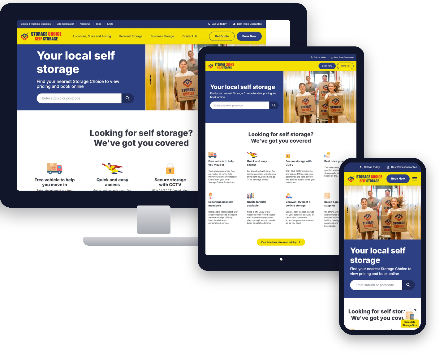 Storage Choice website shown on desktop, tablet, and mobile